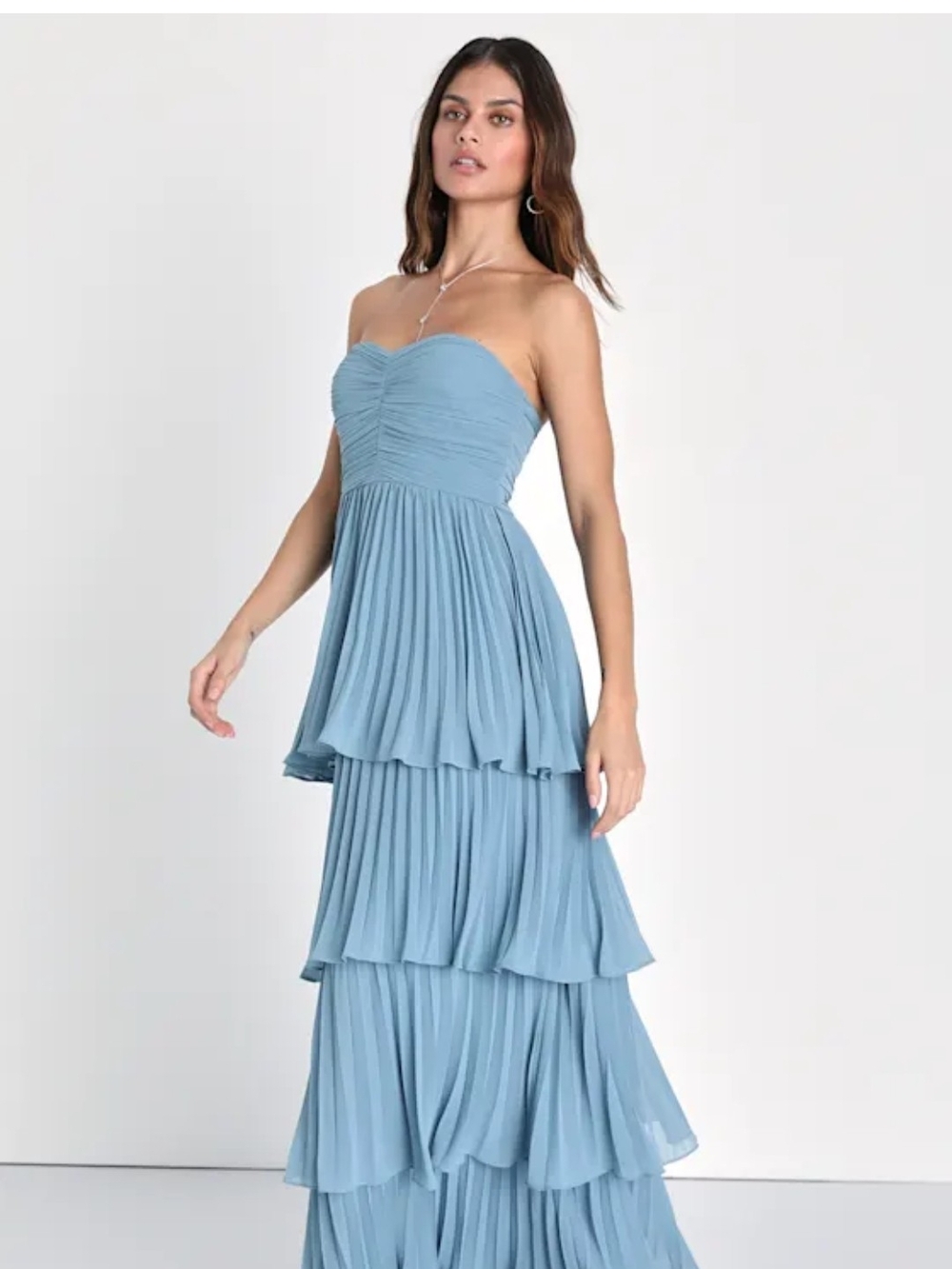 Strapless Tiered Pleated Maxi Dress - Light Blue Bridesmaid